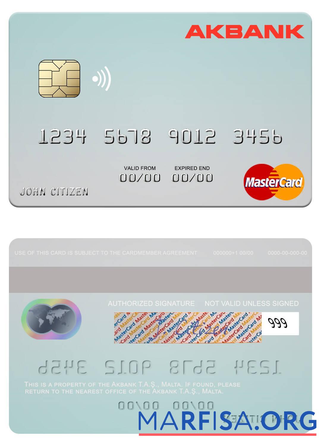 Realistic Malta Akbank T.A.Ş. mastercard template